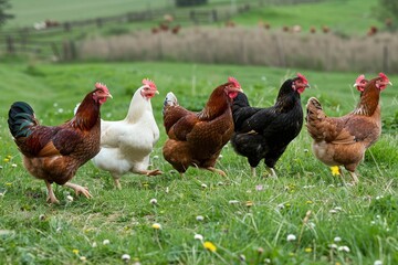 Flock of chickens walking through vibrant green pasture, The rhythmic clucking of content hens roaming freely