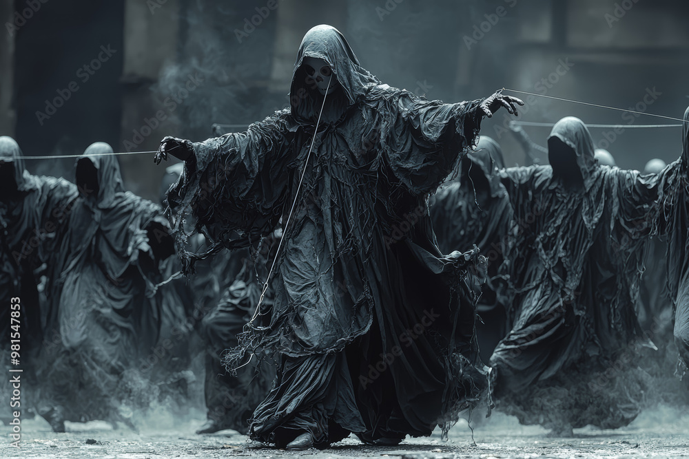 Poster a depiction of death as a puppet master, controlling dancers with invisible strings. concept of fate