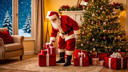 Santa Claus Placing Gifts by a Christmas Tree in a Cozy Living Room During Winter Evenings