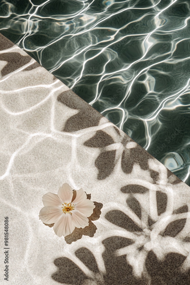 Poster a single pink flower rests on the edge of a pool, with the water reflecting the sunlight and creatin