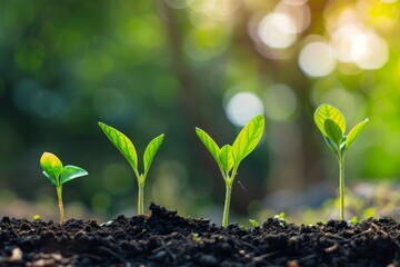 Fototapeta premium Young plants sprouting from the soil in a group, The satisfaction of achieving professional growth