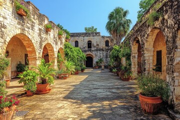 Fototapeta premium A stone courtyard with arched walkways, potted plants, and a palm tree in the background.