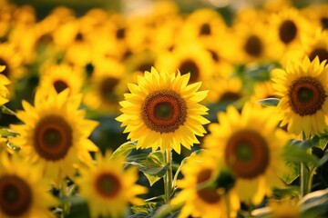 Fototapeta premium A large field filled with bright sunflowers thriving during the hot summer months