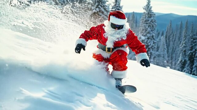 Santa Claus joyfully snowboards down a pristine slope, leaving a trail of powder in the sparkling snow in a hurry for Christmas