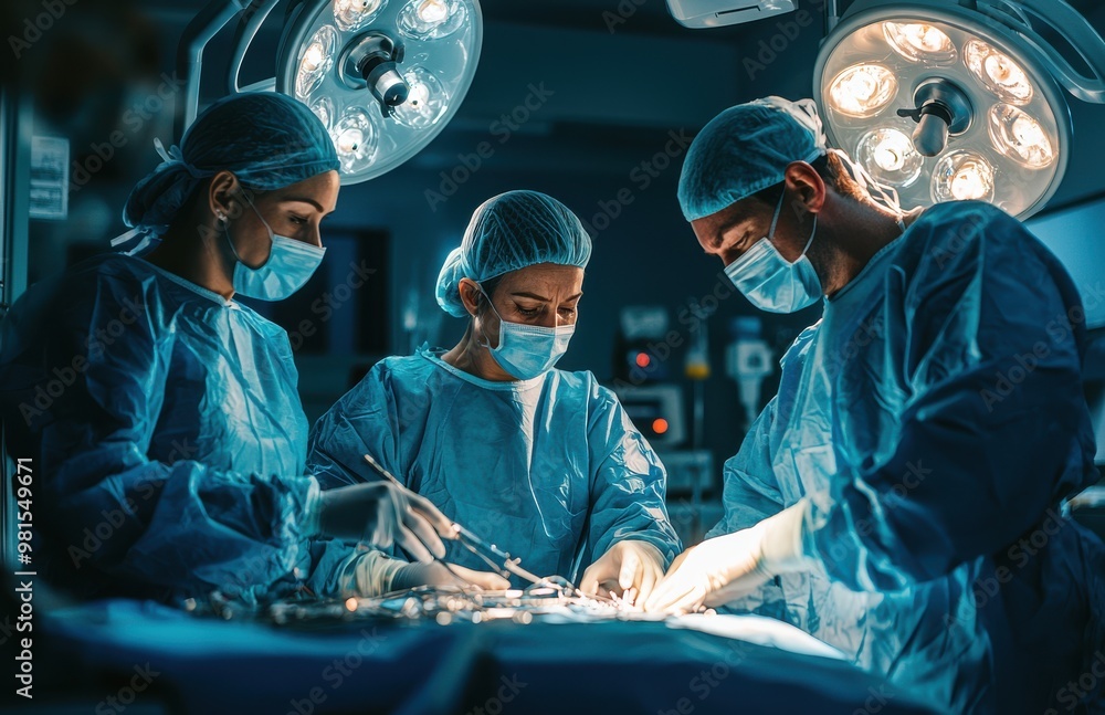 Poster team of three surgeons performing a complex surgical procedure in an operating room with focused tea