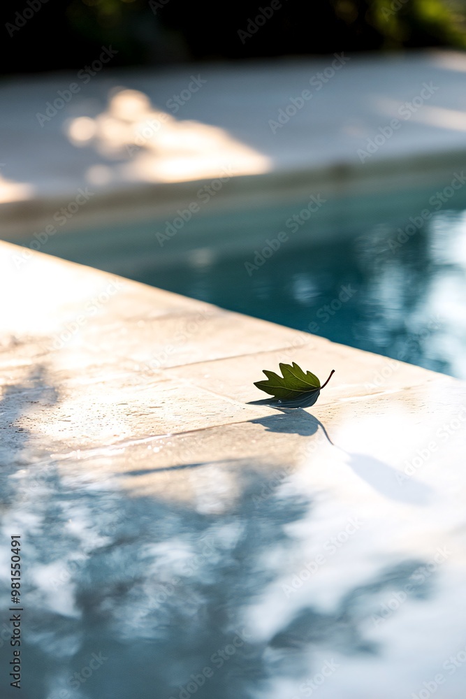 Poster a single leaf rests on the edge of a pristine swimming pool, bathed in the warm glow of the setting 