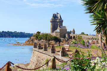 The view of Solidor Tower in Saint-Malo in Brittany, under a blue sky . ,France.