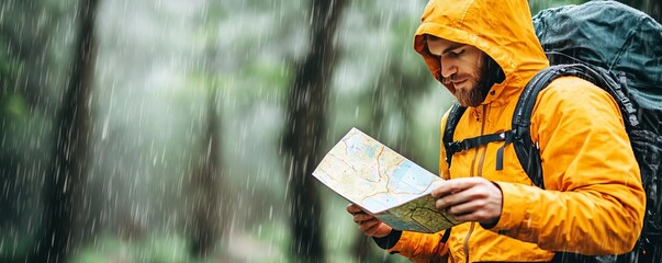Solo adventurer using a foldable map under a tree canopy, rain trickling, hiking trail gear, navigating in rain