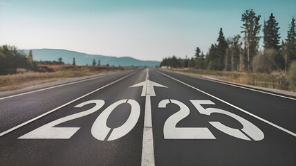 Road to 2025: an empty stretch of road with the year 2025 inscribed on it and an arrow pointing skyward to symbolize the future, success, and optimism of the upcoming year 2025 