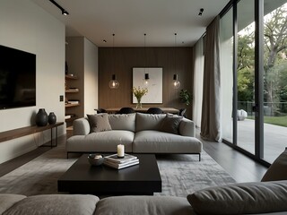 Sleek living room with a large window and coffee table.