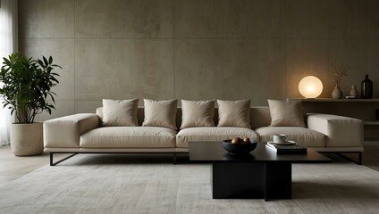 Sleek sofa and neutral tones in a minimalist living space.