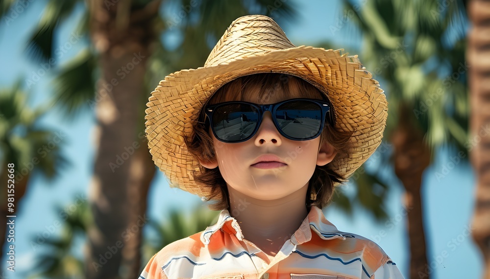 Wall mural playful child in a straw hat and sunglasses beside a palm tree, evoking tropical vibes and carefree 