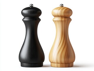 Stylish black and wooden pepper mills positioned together, ideal for enhancing kitchen and dining aesthetics, white background