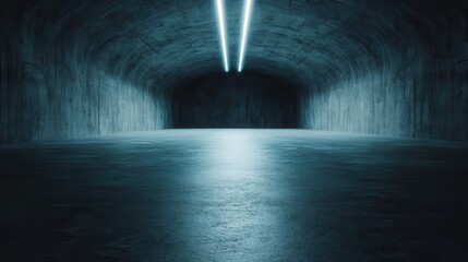 A wide perspective of an empty, streamlined tunnel with overhead lights emitting a pale blue glow,...