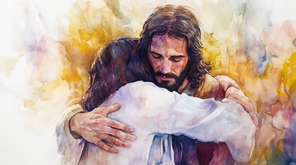watercolor painting of Jesus embracing a person in need	