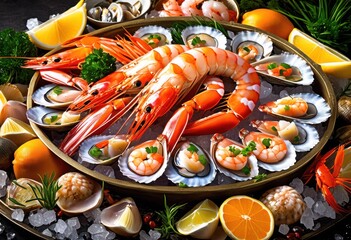 colorful seafood ingredient showcase platter featuring fresh garnishes culinary inspiration, appetizer, arrangement, cakes, cocktail, cooking, cuisine