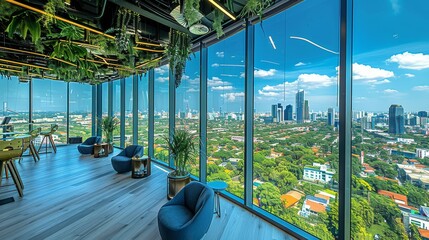 Modern co working space with city view through large windows, perfect for text placement on the left