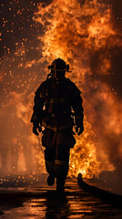 Naklejka premium Bravery in the Flames: The Heroic Stance of a Firefighter Against a Nighttime Inferno