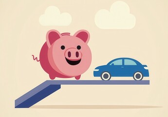 A cheerful piggy bank is featured next to a blue car on a ramp, symbolizing savings and financial planning for vehicle purchases.