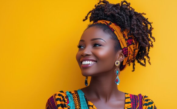 Portrait of a smiling African woman in vibrant traditional attire on a bold yellow background