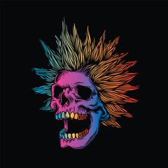 A skull with an open mouth and a punk rock hairstyle. T-shirt design, stickers, print.