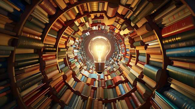 a circle of books arranged in a radial pattern with their spines facing inward, creating a tunnel-like effect. At the center of this circle is a glowing light bulb, illuminating the scene