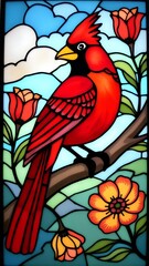 A vibrant stained glass design featuring a cardinal bird perched on a branch