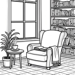 An intricate black and white line-art illustration of a serene reading nook, crafted for adult coloring enthusiasts