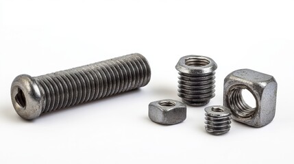 A close-up shot of metal screws, a bolt, and nuts against a white background.