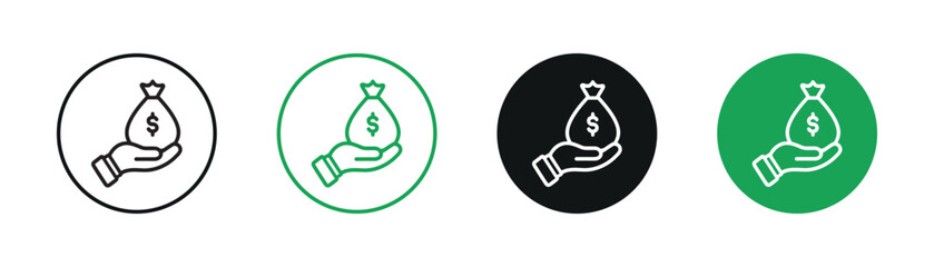 Money bag on hand line icon set