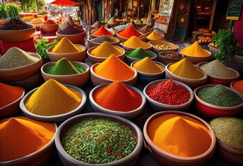 Fototapeta premium vibrant display spices fresh produce colorful bowls capturing essence culinary variety richness, herbs, vegetables, fruits, colors, showcase, assortment