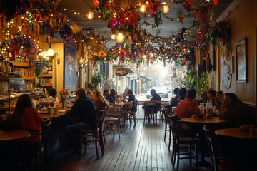A cozy cafe where locals savor coffee, laughter, and the warmth of community on a crisp afternoon in the heart of the city