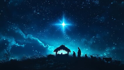 Silhouetted figures gather around a humble nativity scene beneath a brilliant star, set against a tranquil night sky filled with stars.