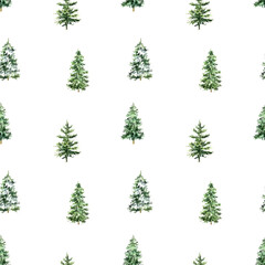 Seamless pattern watercolor Christmas tree illustration. Collection of hand drawn cute decorative christmas trees isolated on white background. Design for sticker, decoration, card, poster, artwork.