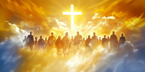 Silhouettes of Saints in heaven on clouds with shining golden cross behind. Watercolor christian painting. All Saints Day All Souls' Day celebration banner, background, wallpaper