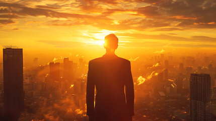 Fototapeta premium The image shows the back view of a person in a suit looking out over a cityscape during sunrise or sunset