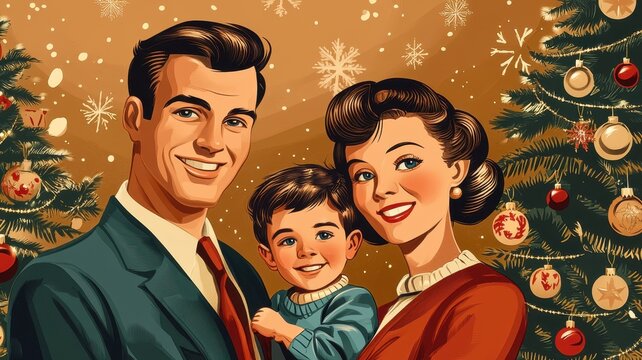 Nostalgic 1950s Christmas Scene: Vintage Family Portrait with a Classic Xmas Tree, Cheerful Smiles, and Holiday Decorations, Capturing Warmth and Togetherness