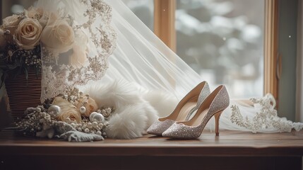 Elegant winter wedding accessories on a rustic wooden table featuring pearl earrings, a lace veil, a white fur stole, and sparkly silver heels with snow visible outside
