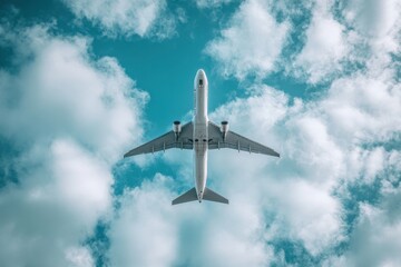 Fototapeta premium a white airplane flying in the sky, viewed from below Generative AI