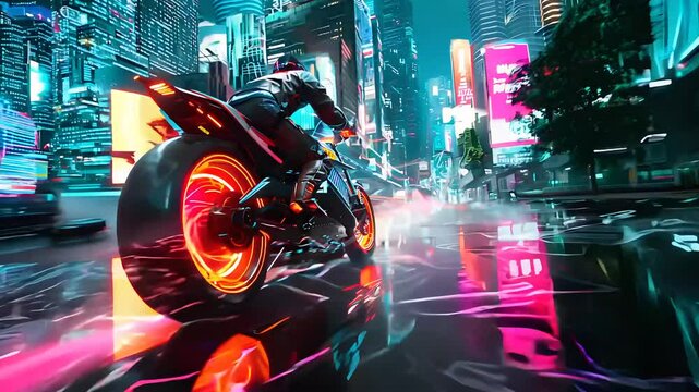 A neon-lit bike travelling at high speed through a futuristic background