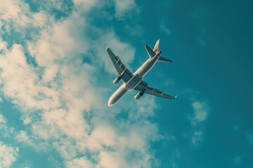 Obraz premium Low-angle photograph of a white airplane flying in the sky Generative AI
