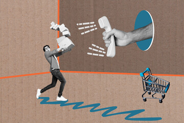 Composite photo collage of astonished guy carry box order fall hand hold telephone handset helpline...
