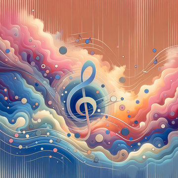 Ilustra&ccedil;&atilde;o abstrata e musical, com uma clave de sol central rodeada por ondas coloridas e notas musicais. Cores suaves e harmoniosas criam uma sensa&ccedil;&atilde;o de movimento e fluidez.