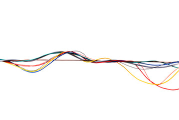 Twisted bundle of colorful electrical wires isolated on white background