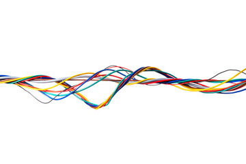 Twisted bundle of colorful electrical wires isolated on white background