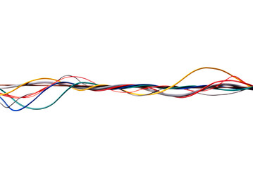 Twisted bundle of colorful electrical wires isolated on white background