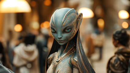 A grey alien turquoise skin and gold details in a flowing galactic market with intricate patterns on its head and body galactic civilisation (Aa15)