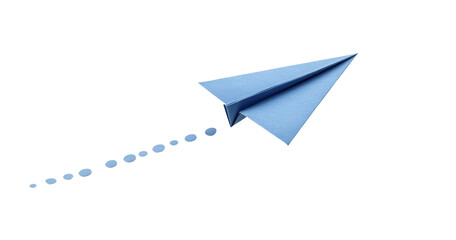 Origami Blue Paper Airplane with Dotted Flight Path in Transparent Background