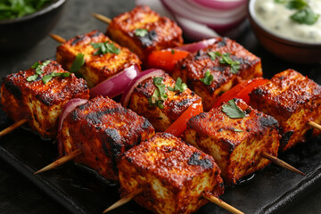 Top view of delicious tandoori malai paneer tikka served with fresh vegetables and dip at a vibrant outdoor feast
