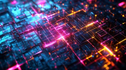 Fototapeta premium Cyberpunk Grid Neon Lights on Abstract Metallic Surface, Cyberpunk, Neon, Sci-Fi